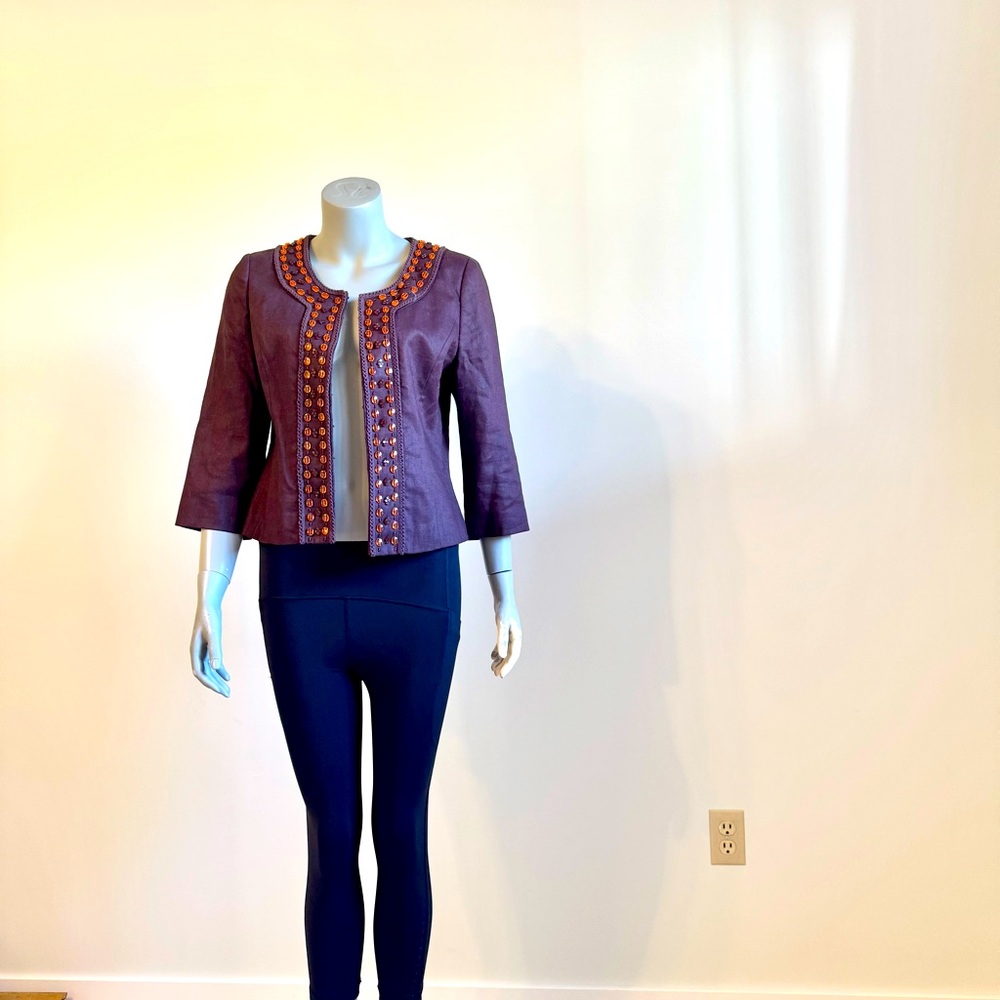 Precis Petite Brown Embroidered Jacket Blazer Size 10 Office Siren Chic Corpcore